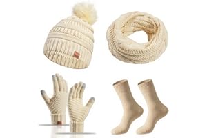 BAYNETIN 4 Pièces Ensemble Bonnet Écharpe Gants en Tricot Chaussettes pour Femmes,Gants à écran Tactile Tricotés Écharpe Chapeau Bonnet-Chaussettes de Ski