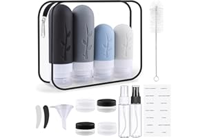 Zosenyer 16 Piezas Botellas de Viaje de Silicona, Kit de Botes Rellenables para Gel, Champú y Cosméticos, con Accesorios de Viaje, Travel Essentials (Negro)