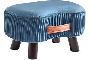 YMYNY Ottoman drewniana pufa, mały zakrzywiony podnóżek z uchwytem, taboret na sofę z miękką poduszką do siedzenia, do sypialni, salonu, sypialni, 40 × 28 × 23 cm, granatowy HBD021Q