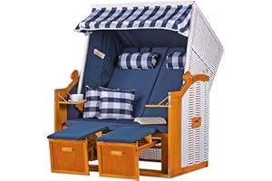 ‎MR. DEKO MR. DEKO Strandkorb Ostsee Volllieger Strandstuhl Gartenliege Liegestuhl PE Geflecht Weiß inkl. 4 Kissen - Strandkörbe Hartholz für Garten, Wintergarten und Terrasse (Dessin Uni Karo Blau)