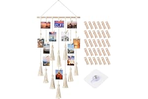 LbsAMP Large Hanging Photo Wall Display 108X43CM with 30 Wooden Clips and 1 Self Sticking Hook Boho Decor DIY Multiple Picture Frame Collage Hanging Art Work or Crafts for Home Decoration (White)