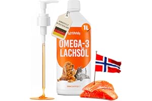 Lachsöl Hund & Katze – 1L Salmon Oil for Dogs – 100 % Wildlachsöl aus Norwegen – Lachsöl Hunde & Katzen – Omega 3 6 9 & Vitamin E – inkl. Pumpe – Kaltgepresst & Bio-Qualität