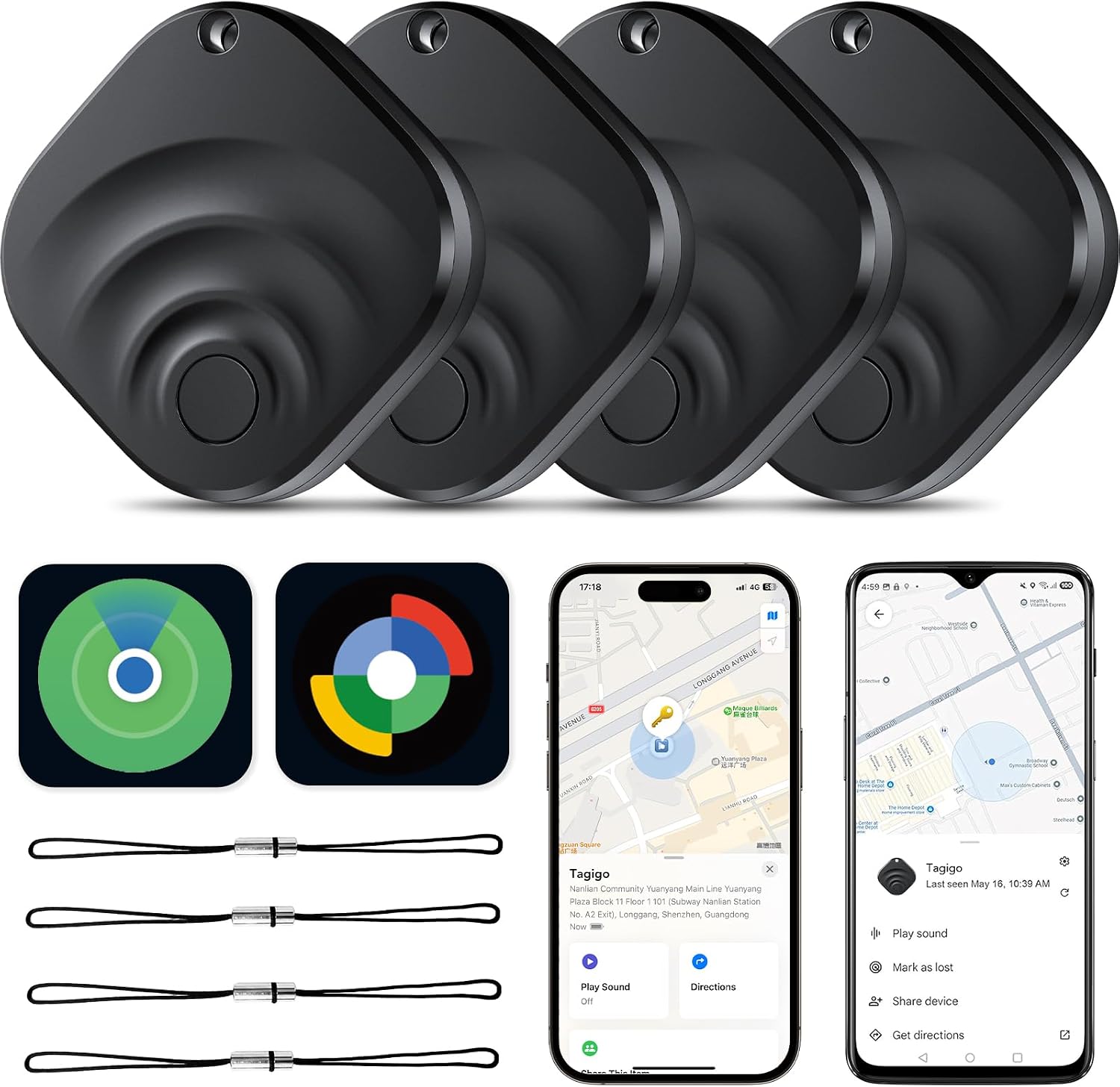 TIMU Smart Tracker Tag 4 Pack for iOS and Android, Bluetooth 5.4 tracker Tag Works on Google and Apple's "Find My" app, 2 Years of Use, IP67 Waterproof Key Finder/Item Finder/Luggage Tracker（Black）
