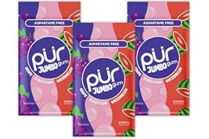 PUR GUM PUR Jumbo Gum |Chewing-gum Sans Aspartame | Au Xylitol |Arôme naturel de Bubblegum, Grape, Watermelon, 20 Pièces (Lot de 3)