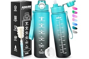 AOHAN Butelka na wodę 1 l, z tritanu, wolna od BPA, motywacyjna butelka sportowa z filtrem i znacznikiem czasu, wodoodporna butelka ze słomką, do uprawiania sportu, wędrówek, szkoły, biura