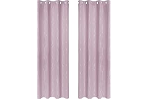Deconovo Lot de 2 Rideaux Occultants Isolant Thermique Anti Froid en Chambre Salon pour Enfant Rose Pale Rideaux à Oeillets Les Point-Lignes Imprimés Argents 140x240cm