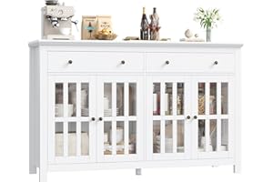 ‎FIRFURD FirFurd Kredens o szerokości 140 cm, szafka kuchenna z blatem roboczym, kredens, do salonu, kuchni, szafka bufetowa z 2 szufladami, 4 szklane drzwi, bufet kuchenny z regulowanymi półkami, 140 x 40 x