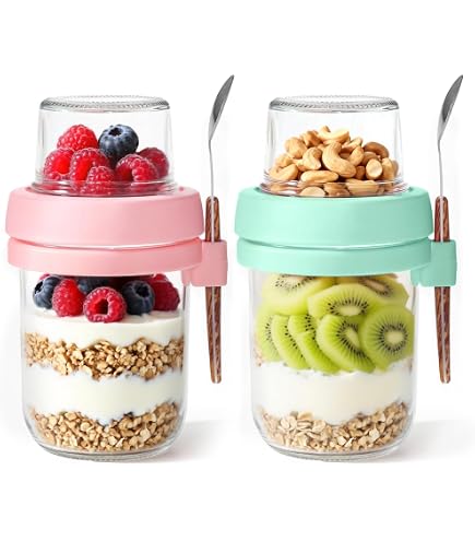 Set 2 Contenitori Overnight Oats 870ml – Portatile A Prova Di Perdite Con Forchetta E Cucchiaio – Giallo E Grigio - 2