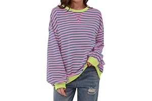 Neufigr Women Thin Striped Jumper,Classic Oversized Crewneck Top,Long Sleeve Sweatshirt,Casual Color Block Pullover (S-XL)