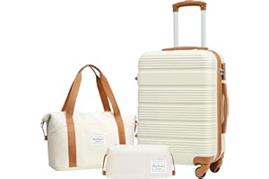 LONG VACATION Koffer handgepäck Trolley Koffer, Reisekoffer Set Reise Hartschalen Trolley 4 Rollen TSA-Schloss Der Koffer Enthält 1 Reisetasche und 1 Kulturbeutel(Weiß/Braun, Handgepäck-Set 3tlg)
