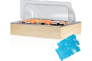 Mahlzeit Plato de servir refrigerado, 53 x 34 x 27 cm, placa de refrigeración GN 1/1 con tapa, sistema de refrigeración con acumulador de frío, placa con marco de madera, campana para servir con 2