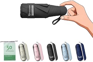 BAODINI Mini Reseparaply för handväska med väska liten kompakt UV solskydd sol lätt litet fickparaply för kvinnor barn och mä