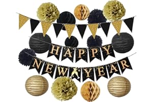 DEAUPARKOTY Silvester Deko 2026 mit Happy New Year Girlande 16 Stück Silvester Decoration Party Set Neujahr Silvesterdeko Wiederverwendbare Gold Wimpelkette Pompons Wabenbälle Papierlaternen Deko 2026