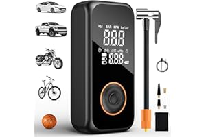 Onherm Compressore Aria Portatile, 6000mAh Mini Compressore Portatile, 5 Modalità Pompa Elettrica Per Bicicletta con Luce LED e Display LCD, 150PSI Compressore Senza Fili per Auto, Bici, Moto, Palla