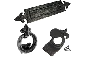 Dzina Letter Box Plate Fleur De LYS, Cylinder Pull and Ring Door Knocker Set, Antique Black