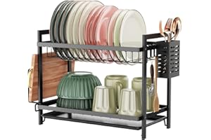 iSPECLE Dish Drainer - 2 Tier Dish Drying Rack with Drip Tray, Rustproof Draining Board Rack with Utensil & Cutting Board Holder, Sink Drainer Rack for Kitchen Counter, Black