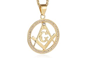HZMAN Gold Plated Cz Inlay Masonic College Style GOLD Color Stainless Steel Pendant Necklace for Men
