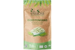 ELTABIA Bio Gerstengras Kapseln 200 Stück | Hochdosiert 1080mg Tagesdosis | Gerstengraspulver aus deutschem Anbau | 100% rein ohne Zusätze (DE-ÖKO-007) | Vegan und ideal für unterwegs