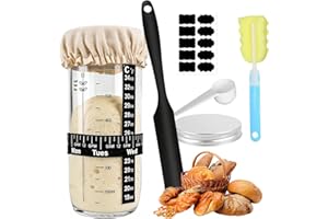Kuvarix Sauerteig Starter Set, 730ml Sauerteig Glas, Brot Backen Zubehör mit Aluminiumdeckel Gärtuch Temperaturband Etikett Silikonspatel Datum Markiert Fermentierglas für Einsteiger & Zuhause backen