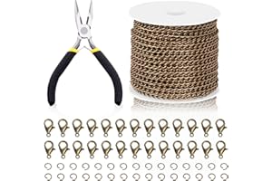 Swpeet Catena a maglia barbazzale, per gioielli fai da te e collane, ca. 9,1 m di lunghezza x 3 mm, con maglie piatte, set da 102 pezzi, con anellini aperti, chiusura a moschettone e pinza per