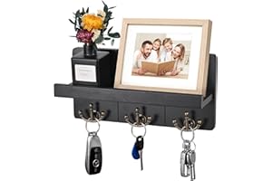 Jemyxhw Schlüsselbrett mit Ablage, Schlüsselhalter Holz mit 3 Doppel Schlüsselhaken,Wandregal Weiß, Deko Regal, für Eingang, Mudroom, Flur, Schlafzimmer, Wohnzimmer Schwarz