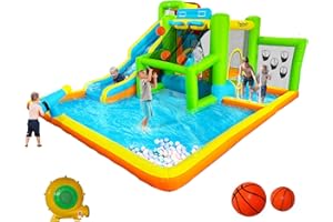 FBSPORT Hüpfburg mit Gebläse Trocken/Wasserrutsch, Wasserpark für Kinder Outdoor Indoor, Wasserhüpfburg Garten XXL mit Kletterwand Trampolin Basketballkorb, Hält bis zu 4 Kinder/140KG, 425 x 355 x 215 cm