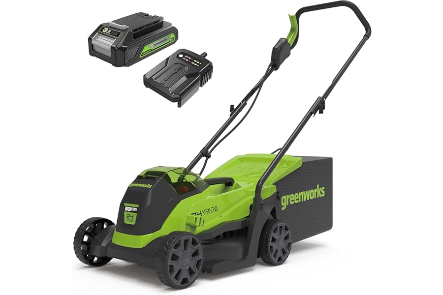Greenworks 24V Cordless Lawnmower with Brushless Motor for Smaller Lawns up to 140m², 33cm Cutting Width, 30L Bag PLUS 24V 2Ah Battery & Charger, 3 Year Guarantee-GD24LM33K2
