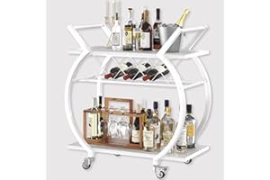 LVB White Drinks Trolley, 2 Tier Rolling Bar Cart, Modern Serving Trolley on Lockable Wheels, Wine Cart with Storage Shelves, Wine Holders, for Kicthen, Home Bar, Dining Living Room