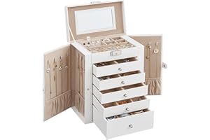 SONGMICS Boîte à Bijoux 6 Niveaux, Écrin à Accessoires, Coffre, 5 Tiroirs, Miroir, Serrure, Rangement Bijoux, Surface Blanc Nuage, Doublure Beige Sable JBC152W01