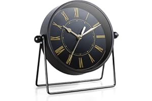 AYRELY® Vintage Black Metal Desk Clock – Battery Operated Table Clock with Adjustable Angle, Silent Mantel Clock for Fireplace, Shelf or Living Room Décor (Black/Gold)