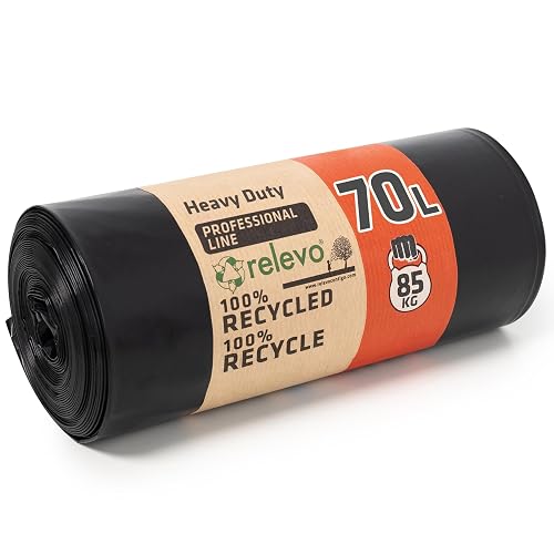 Relevo Professional Black Heavy Duty Bin Sacks - 70L (W 73cm × H 85cm), 10 Bags Per Roll | Extra Strong & Leak Proof | 75µm (Micrometers) | 100% Recycled LDPE