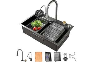 GXSDYYDS Fregadero Cocina un Seno 75 x 45cm, Fregadero Cascada Fregadero sobre Encimera con Filtro de Drenaje y 3 Agujeros de Montaje, Fregadero Modernos de Acero Inoxidable, Negro