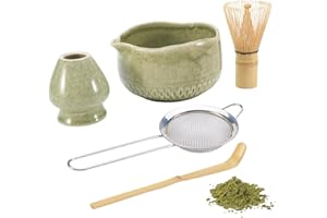 MiraFolk Matcha Set Whisk and Bowl – 5Pcs Ceremonial Grade Matcha Kit with Sieve, Bamboo Whisk, Holder, Scoop – Food-Grade Materials – Beautiful Handcrafted Design (Powder Not Included)