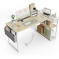 TIQLAB Small Computer Desk with Power Outlets, 40 Inch L Shaped Desk with Reversible Shelves, Gaming Desk Corner Desk Study Writing Table for Home Office Bedroom Living Room, Beige