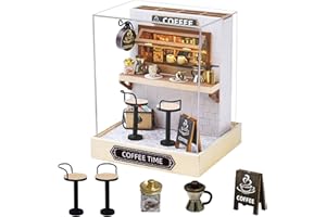 CUTE-EYFUD Miniature Doll House Kits, DIY House Kit with Furniture & Dust Cover & LED Light, Wooden Dollhouse Kits for Teens Adults, Creative Gift for Birthdays, Holidays, and Craft Lovers (COFFEE TIME)