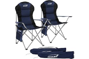 Hauki Set de 2X Chaise de Camping Pliable, Bleu, Chaise de Pêche Portable, avec Porte-Boisson, Sac de Transport, jusqu'à 150kg, Extra Large, Chaise Longue Rembourrée, Dossier Haut, Chaise de Jardin