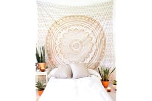 AVA Collections Grande tapisserie murale Mandala en coton indien bohémien psychédélique hippie, tapis de yoga, serviette de plage, couverture (taille 228,6 x 213,4 cm) (Queen- Ombre/doré)