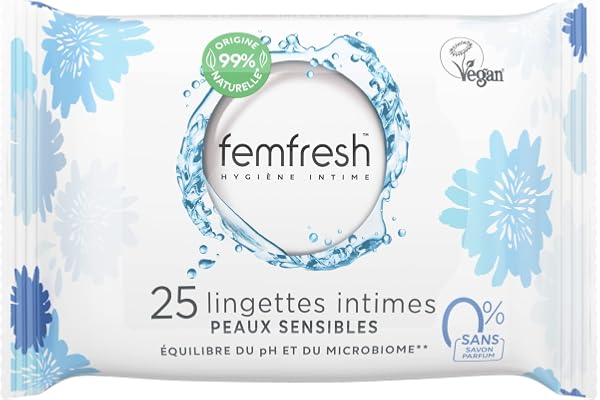 Femfresh - Lingettes Intimes Peaux Sensibles 0%, Aloe Vera & Calendula - 25 Lingettes