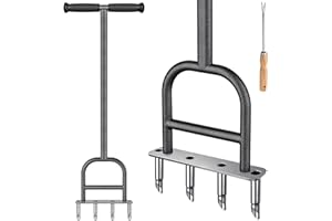 BeneLabel Lawn Aerator, Grass Hollow Tine Aerating Tool Long Handle Manual Garden Plugger 4 Core Heavy Duty Coring Aeration Spike Soft Grip with Cleaning Set for Compacted Soil Care