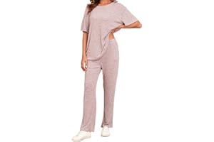 Famulily Ribbed Clothes Sets for Women Oversized Short Sleeve Tops and Wide Leg Trousers with Pockets, 2 Piece Outfits Tracksuits Loungewear Sleepwear