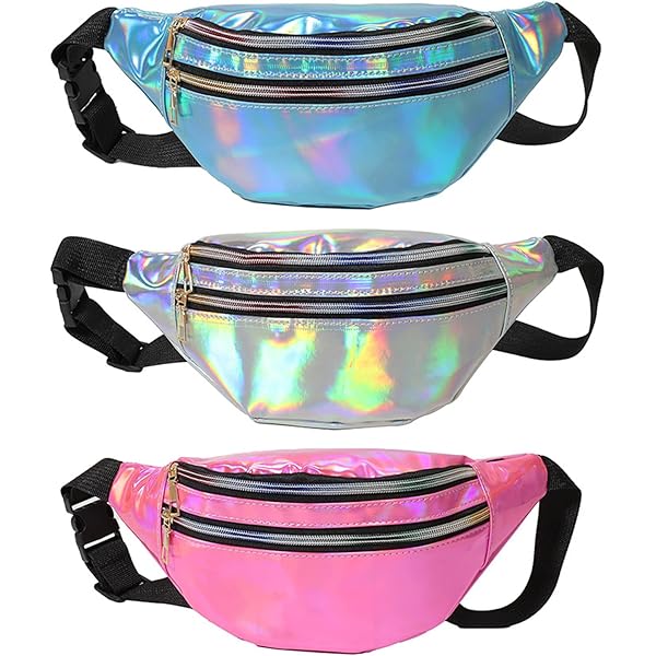 FANTESI Lot De 2 Sacs Banane Brillants Holographiques à Double Fermeture éclair Pour Festival, Rave, Sac Banane étanche Pour Femmes, Filles, Voyage
