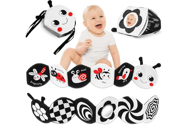 HOTUT Livre d'Éveil en Tissu Noir et Blanc - Stimulation Sensorielle Montessori, Double Face pour Bébés 6-12 Mois - Cadeau de Naissance Idéal