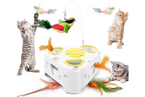 ALMAXI Giochi Interattivi per Gatti, 3 in 1 Giocattolo Elettrico per Gatti con Gioco Schiaccia il Topo a 6 Fori, Giocattolo Uccello Volante, Piuma Rotante, Ricaricabile Tramite USB, 6 Accessori con Piume