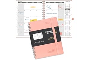 POPRUN Agenda 2024 2025 Mensuel Spirale 22 x 16,5cm - De jan. 2024 à juin 2025 avec Couverture Souple en PU Cuir, Poche pliable, Porte-stylo autocollant, Papier Certifié FSC®100 g/m² - Rose