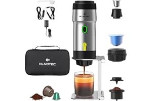 ALNOTEC Cafetière Expresso Portable-20 Bars-rechargeable-Machine a Cafe Portable-Auto-Chauffante- Compatible Capsules NES, DG & Café Moulu-chargeur USB, 220V et Voiture- Housse + Support. (SILVER)