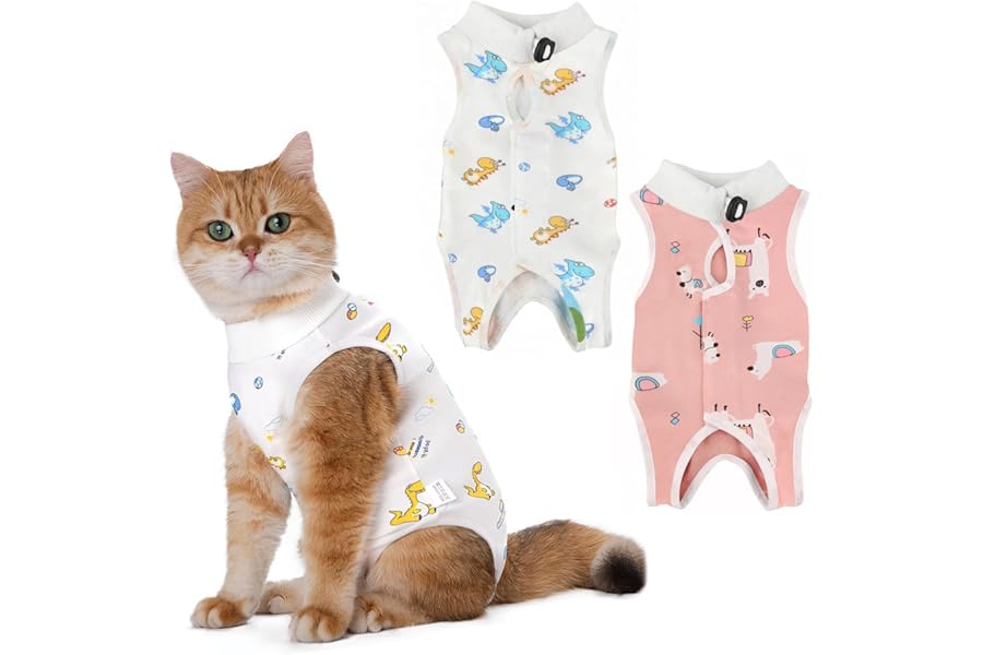 2 Pack Cat Recovery Suit Post Surgery, Breathable Cat Onesie for Female Cats After Surgery Professional Recovery Suit for Anti-Licking Abdominal Wounds or Skin Diseases (Alpaca+Dinosaur, M)