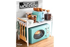 Kensari Soporte Microondas Extensible - Estanteria Microondas con Altura Ajustable y Asas de Madera - Mueble Coffee Corner Blanco con Estante - Organizador Encimera Cocina para Electrodomesticos