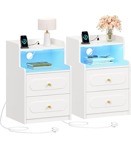 Table De Chevet 2 Pièces Avec Multiprise (2 Prises + 2 USB) Et LED Détecteur De Mouvement - Blanc, Rangement Tiroir - 3