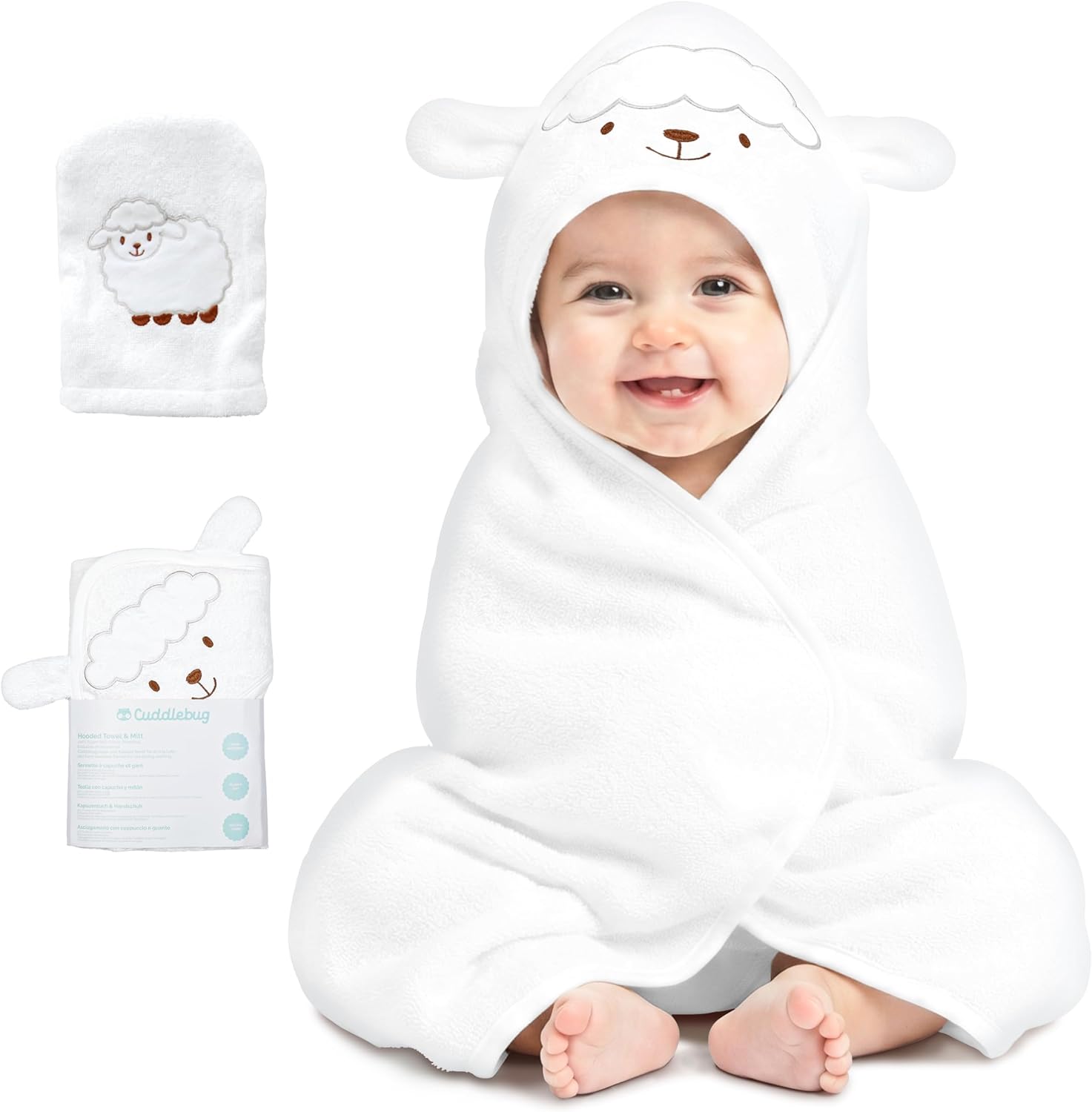 CuddleBug Set de Capa de Baño con Capucha y Manopla para Bebé - 100% Algodón Rizo Premium - Toalla Infantil Ultra Suave y Absorbente para Recién Nacidos y Niños (85 x 85 cm) - Lamb