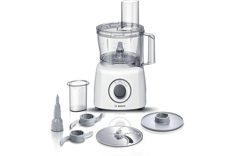 Bosch Compact Multifunction Food Processor MCM3100W, Over 20 Functions, 800 W, 2 Speed, 2.3 L Bowl, Many Accessories Included for Slicing, Cutting, Grating, Kneading and Whipping, White